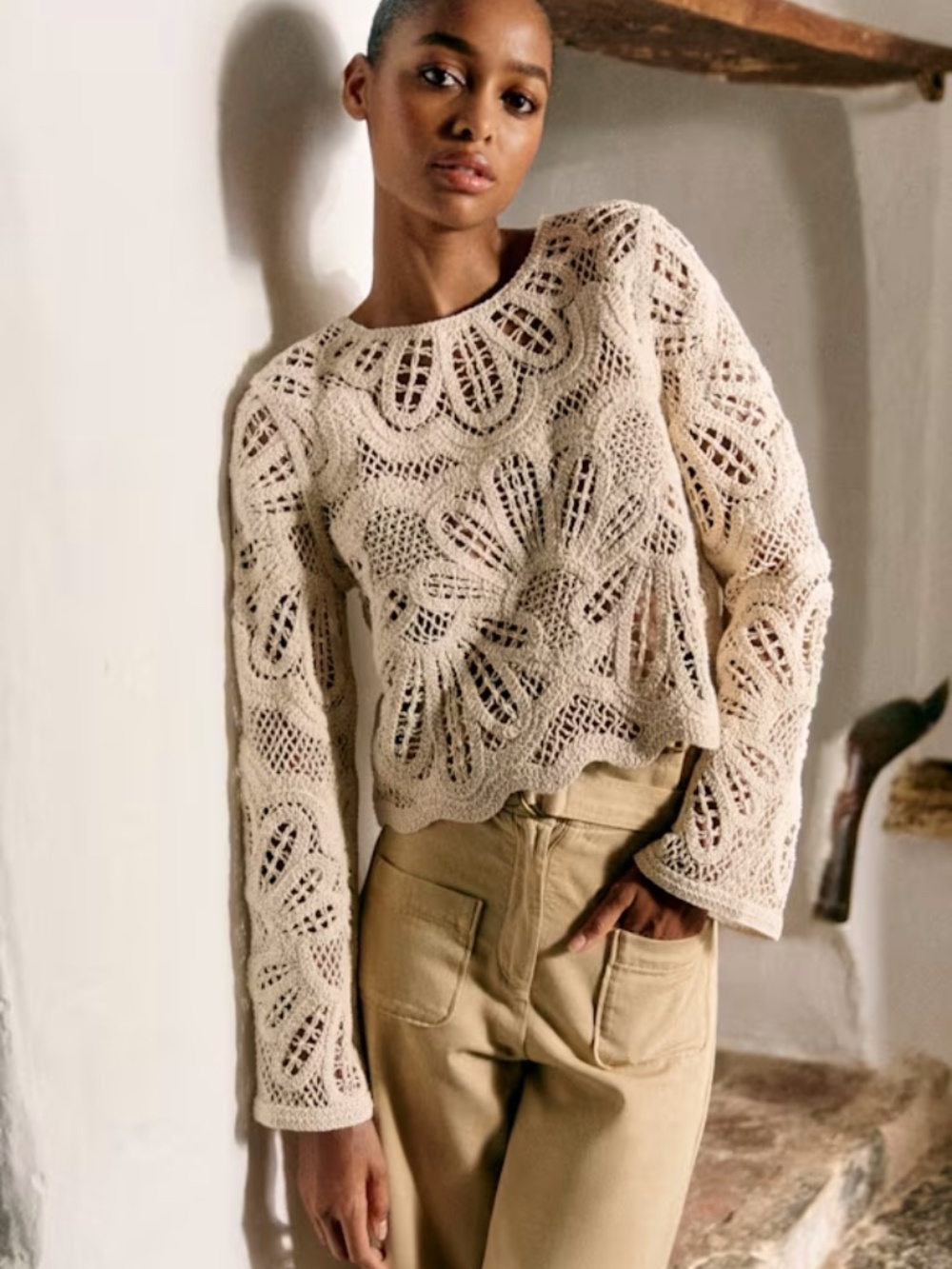 Sezane Olie S Ecru Crochet Lace Blouse Organic Cotton - Picture 1 of 6